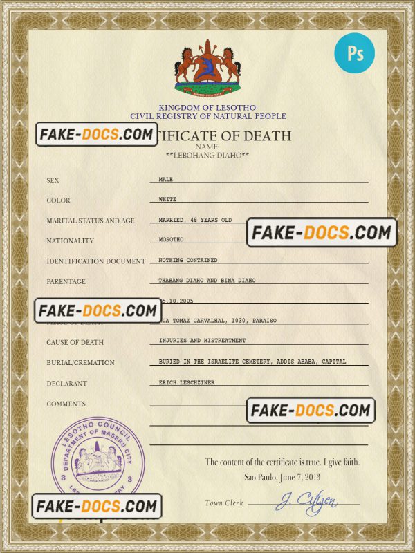 Lesotho vital record death certificate PSD template scan