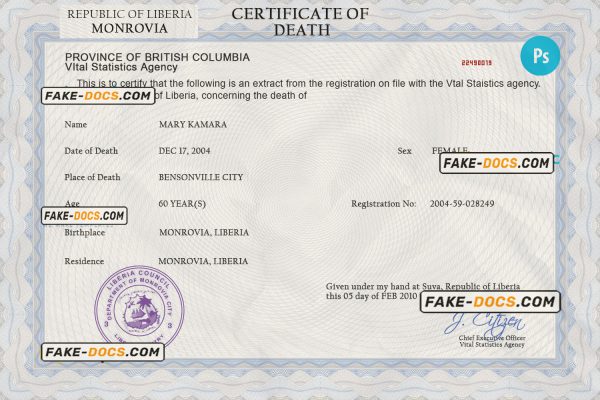 Liberia death certificate PSD template, completely editable scan