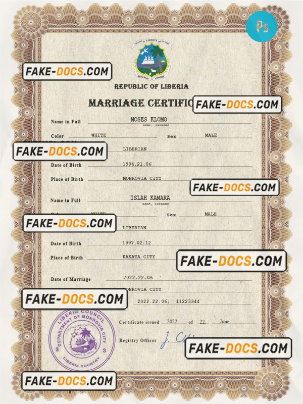 Liberia marriage certificate PSD template, completely editable scan