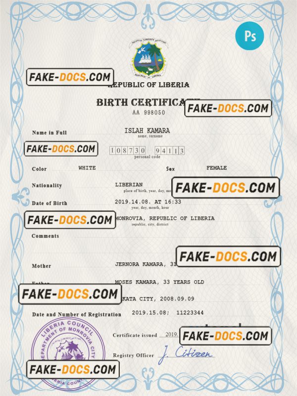 Liberia vital record birth certificate PSD template, completely editable scan