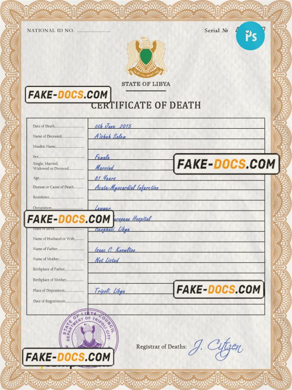 Libya vital record death certificate PSD template, fully editable scan