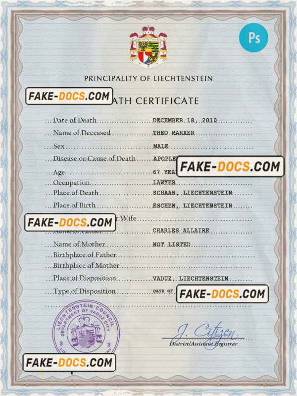Liechtenstein vital record death certificate PSD template scan