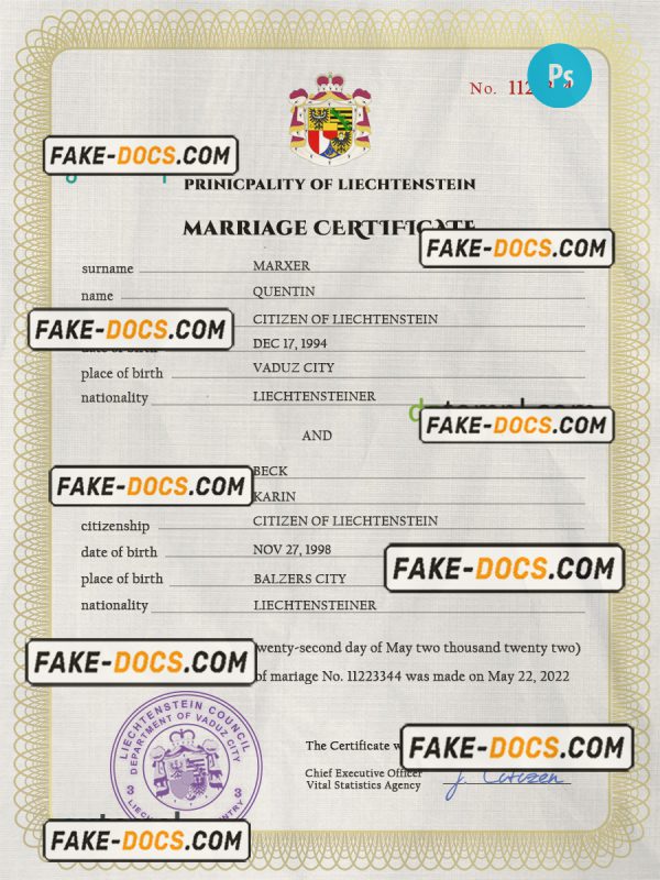 Liechtenstein marriage certificate PSD template, completely editable scan