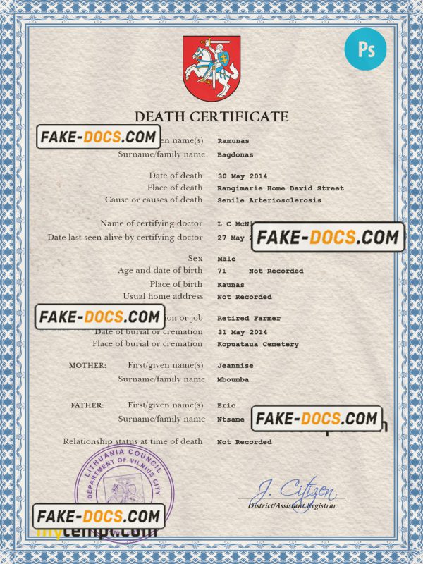 Lithuania death certificate PSD template, completely editable scan