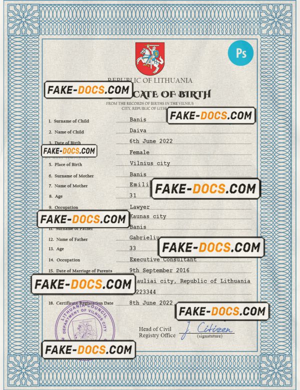 Lithuania vital record birth certificate PSD template scan