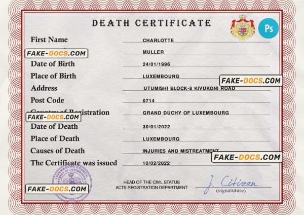 Luxembourg vital record death certificate PSD template scan