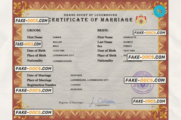 Luxembourg marriage certificate PSD template, fully editable scan