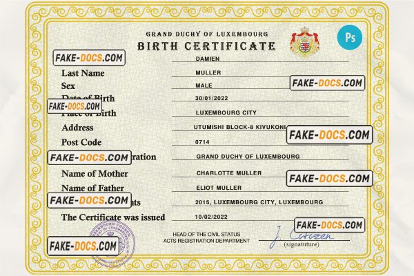 Luxembourg vital record birth certificate PSD template scan