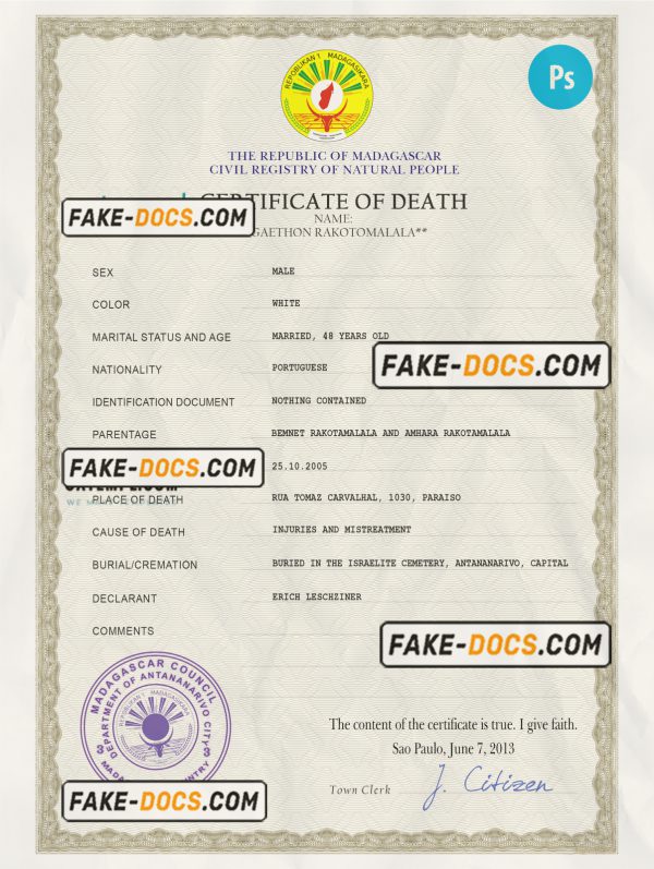Madagascar vital record death certificate PSD template, fully editable scan