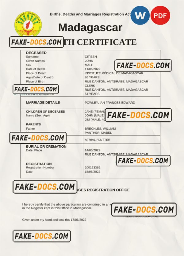 Madagascar vital record death certificate Word and PDF template scan