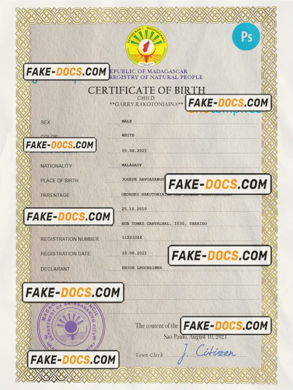Madagascar birth certificate PSD template, completely editable scan