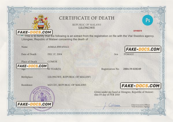 Malawi death certificate PSD template, completely editable scan