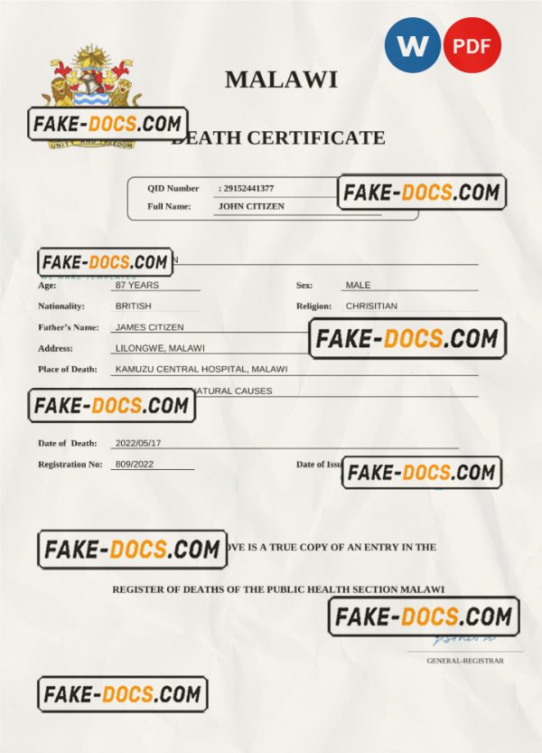 Malawi vital record death certificate Word and PDF template scan