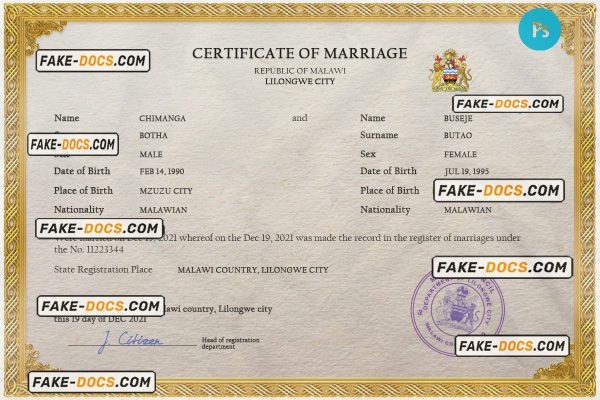 Malawi marriage certificate PSD template, fully editable scan
