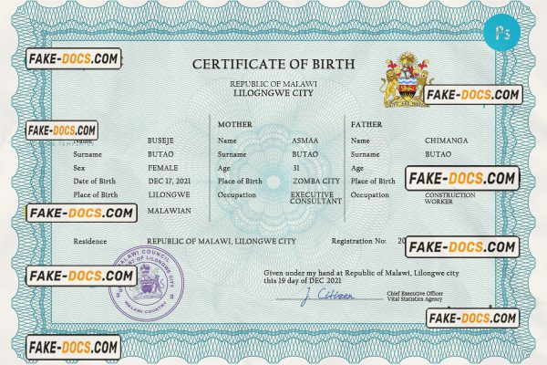 Malawi vital record birth certificate PSD template scan
