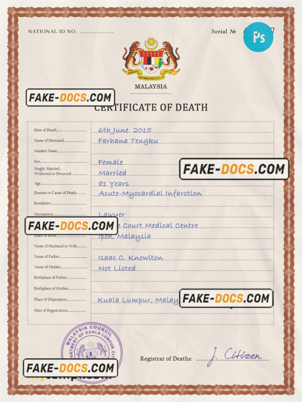 Malaysia death certificate PSD template, completely editable scan