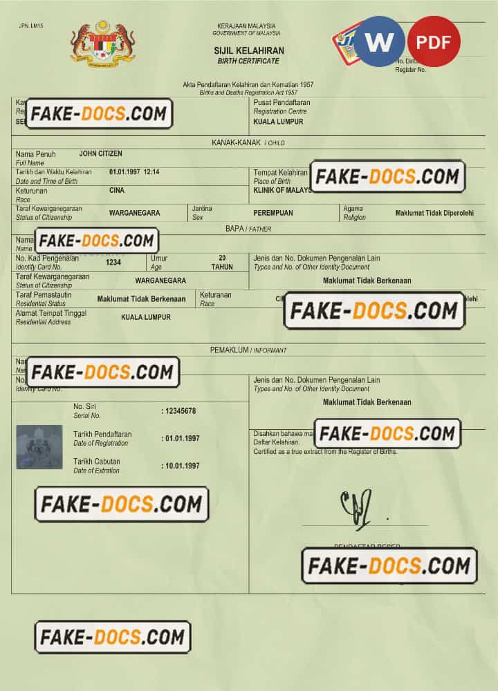 Malaysia birth certificate Word and PDF template, completely editable Malaysia birth certificate Word and PDF template, completely editable