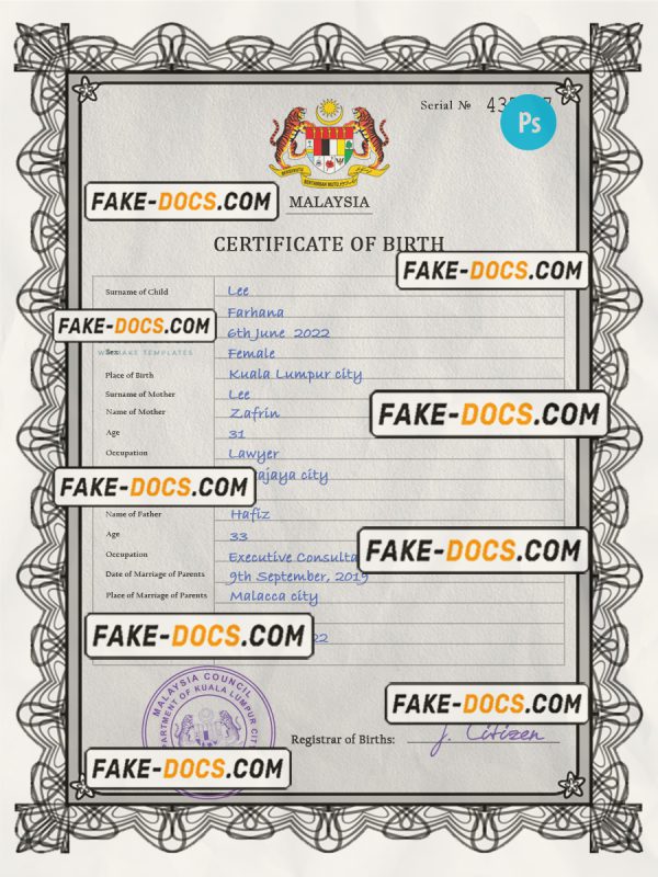 Malaysia vital record birth certificate PSD template, fully editable scan