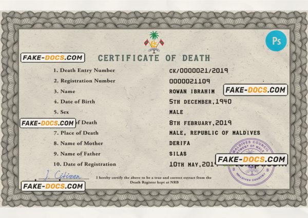 Maldives vital record death certificate PSD template, completely editable scan