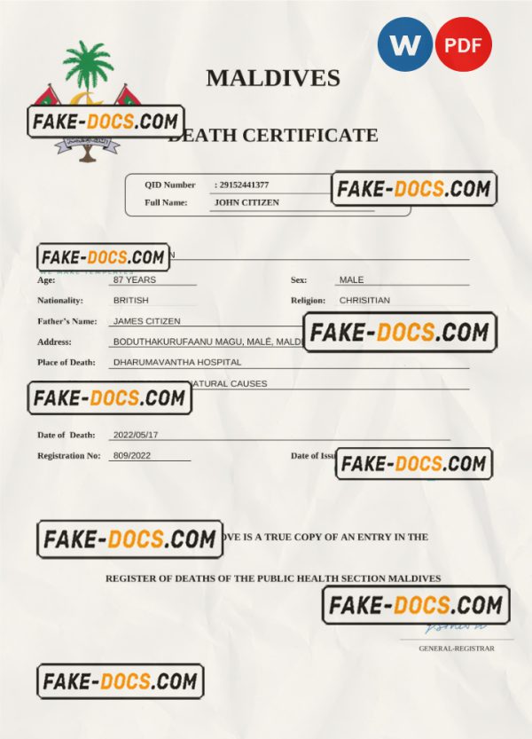 Maldives vital record death certificate Word and PDF template scan