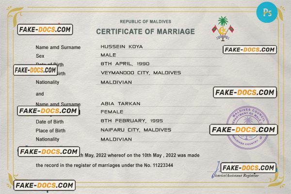Maldives marriage certificate PSD template, fully editable scan