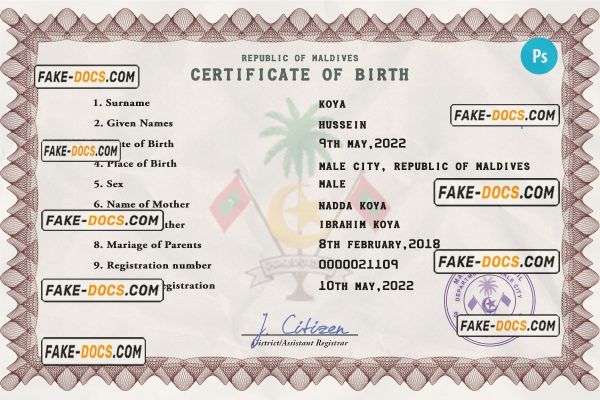 Maldives vital record birth certificate PSD template, fully editable scan