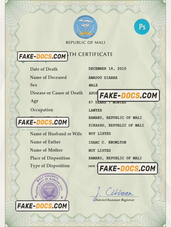 Mali death certificate PSD template, completely editable scan