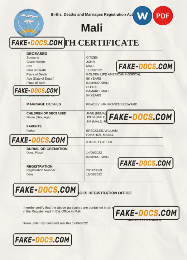 Mali vital record death certificate Word and PDF template scan