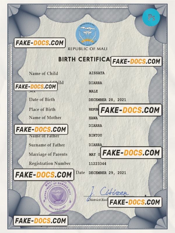 Mali birth certificate PSD template, completely editable scan