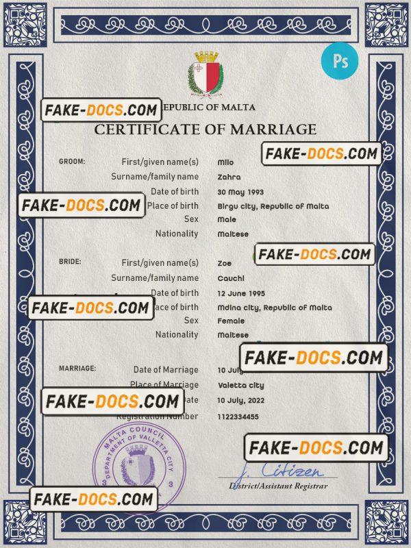 Malta marriage certificate PSD template, fully editable scan