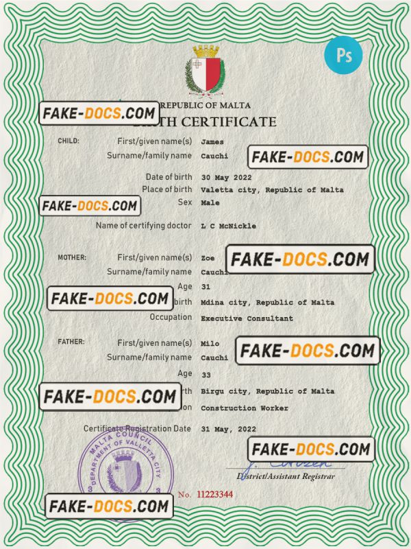 Malta vital record birth certificate PSD template scan