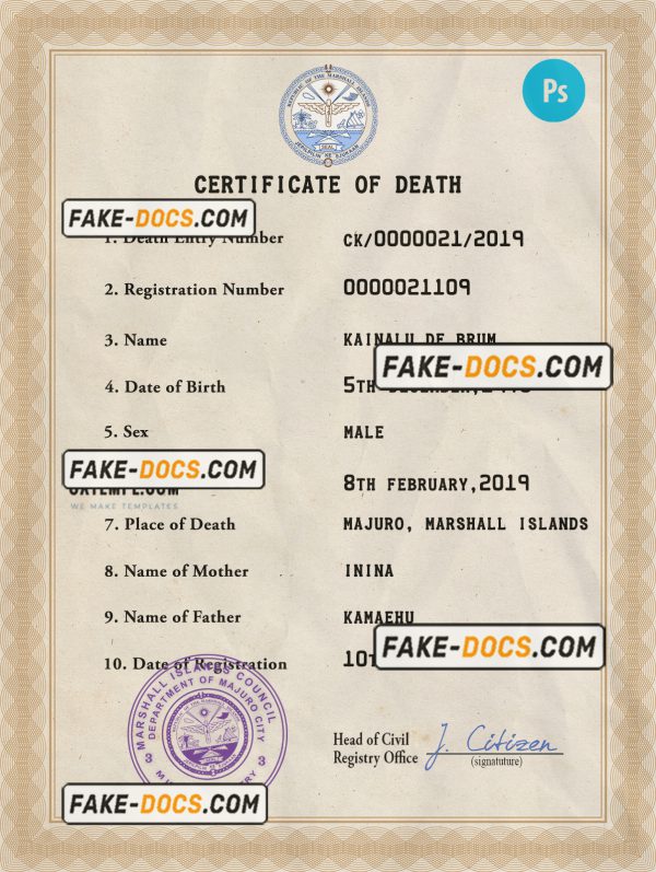 Marshall Islands death certificate PSD template, completely editable scan