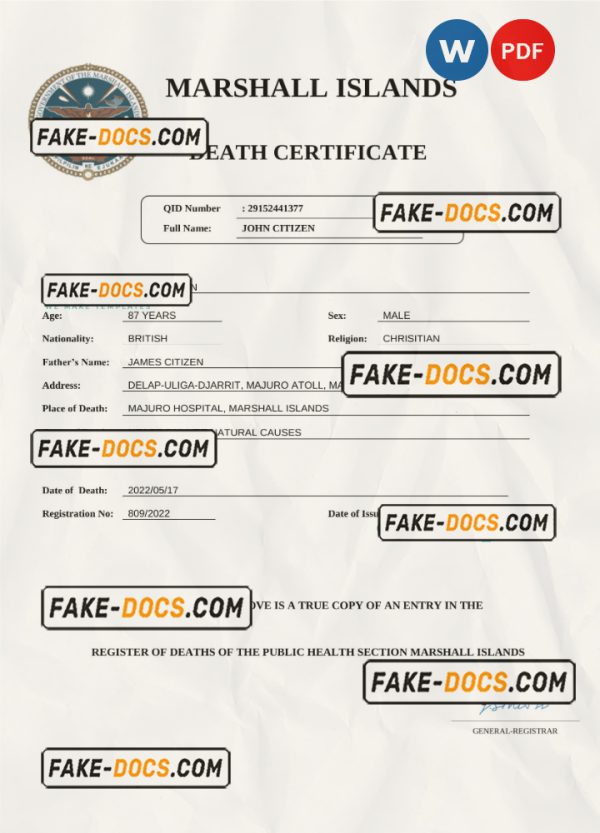 Marshall Islands vital record death certificate Word and PDF template Scan