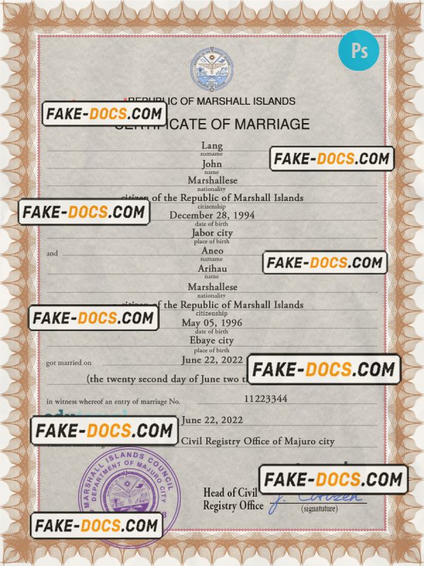 Marshall Islands marriage certificate PSD template, completely editable scan