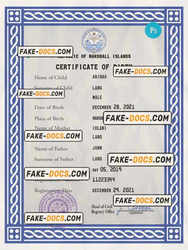 Marshall Islands vital record birth certificate PSD template, fully editable scan