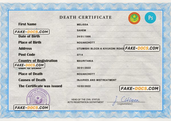 Mauritania vital record death certificate PSD template, fully editable scan