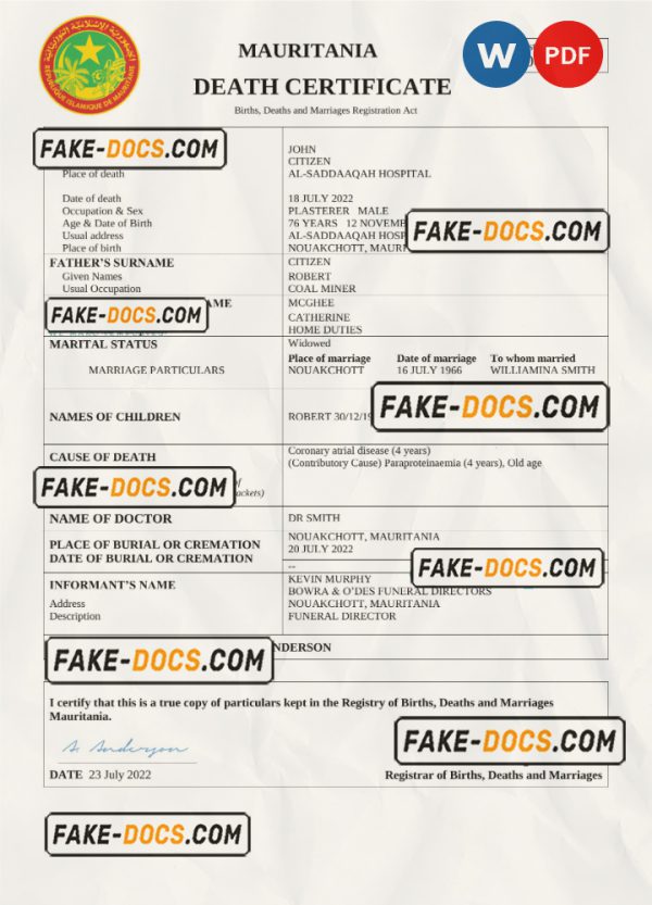 Mauritania vital record death certificate Word and PDF template scan