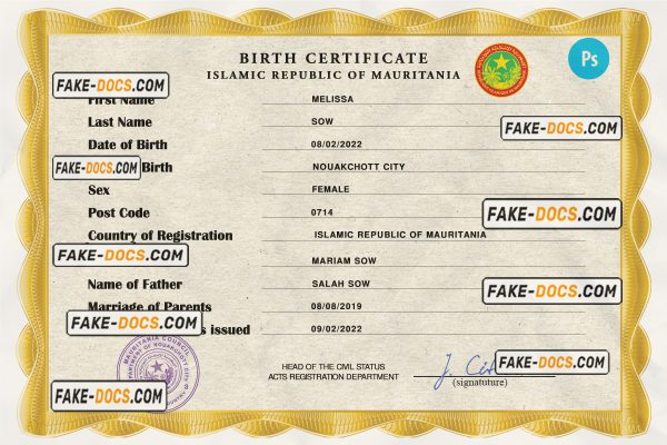 Mauritania birth certificate PSD template, completely editable scan