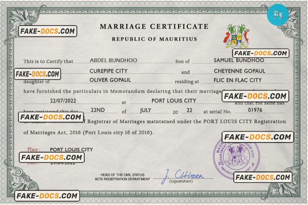 Mauritius marriage certificate PSD template, completely editable scan