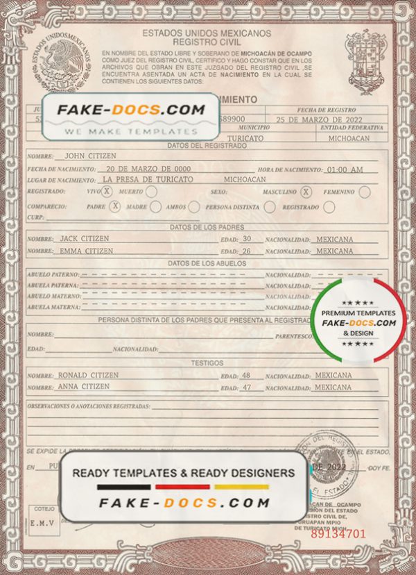 Mexico birth certificate template in PSD format, fully editable scan