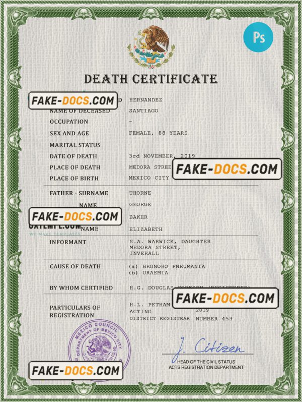 Mexico death certificate PSD template, completely editable scan