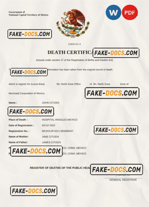 Mexico vital record death certificate Word and PDF template scan