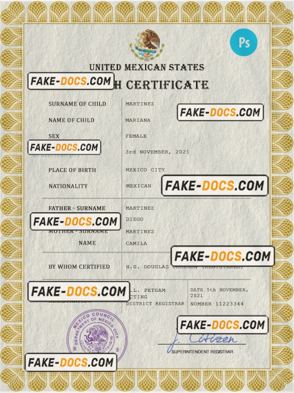 Mexico vital record birth certificate PSD template, fully editable scan