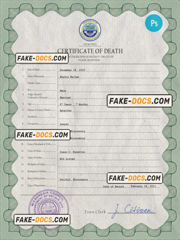 Micronesia vital record death certificate PSD template, fully editable scan