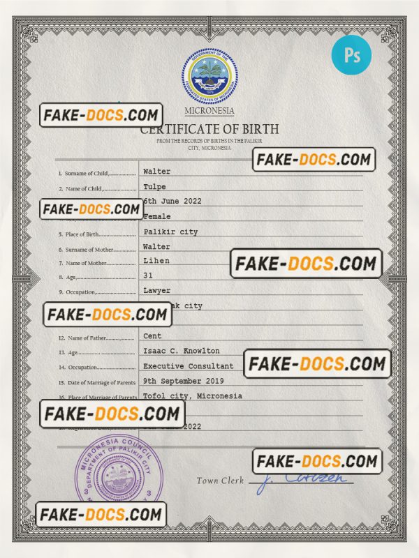 Micronesia birth certificate PSD template, completely editable scan