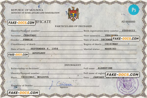 Moldova vital record death certificate PSD template, completely editable scan