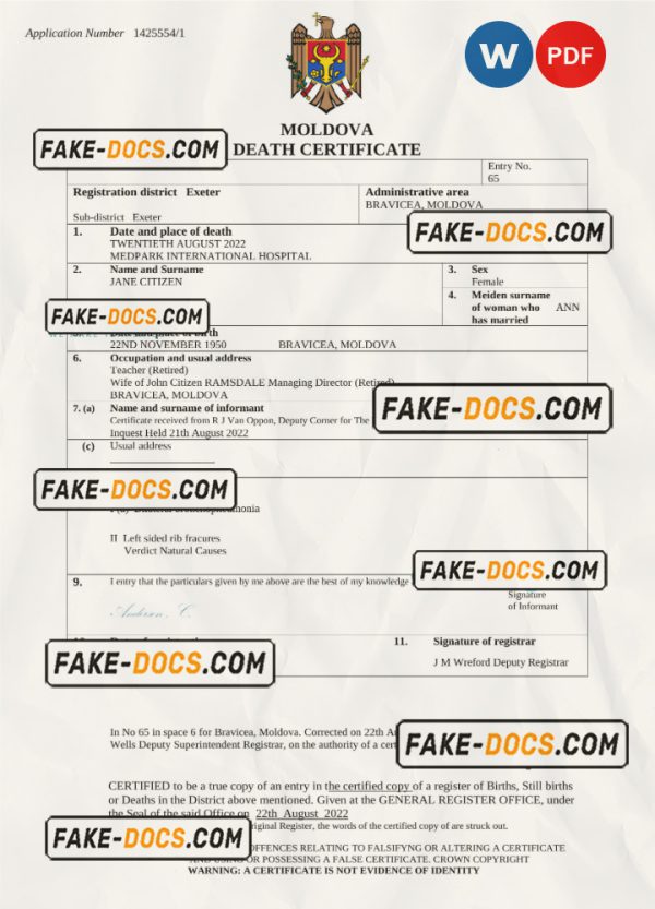 Moldova death certificate Word and PDF template, completely editable scan