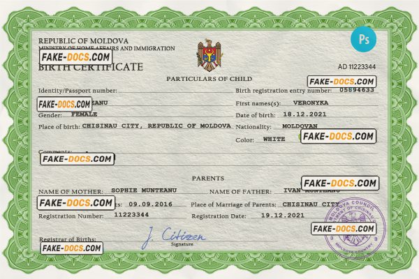 Moldova vital record birth certificate PSD template scan
