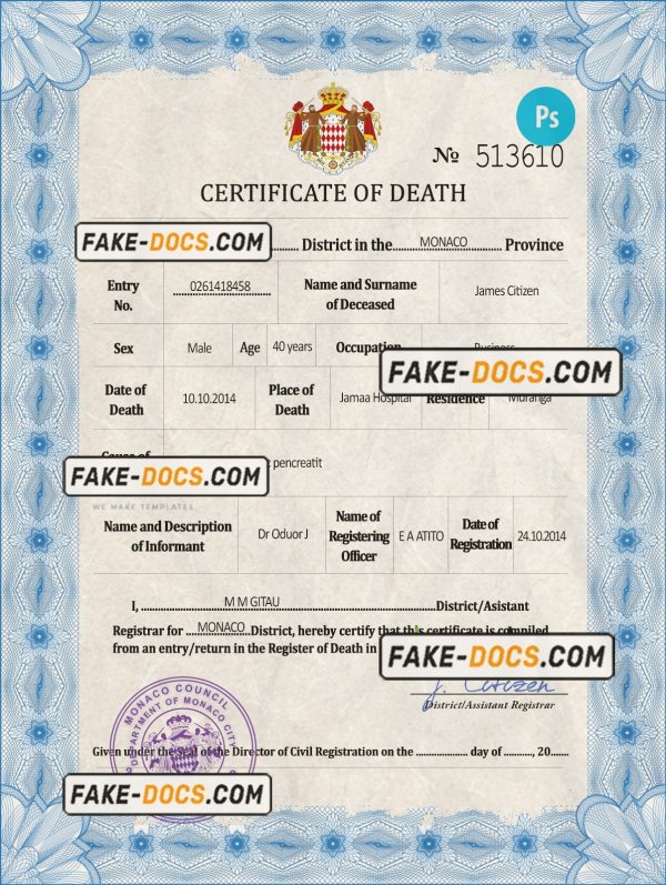Monaco vital record death certificate PSD template scan