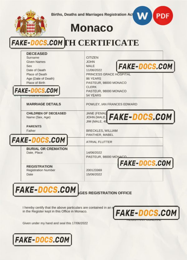 Monaco vital record death certificate Word and PDF template scan